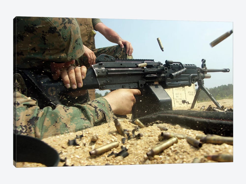 A Marine Engages Targets With An M-249 Squad Automatic Weapon 1-piece Canvas Art Print
