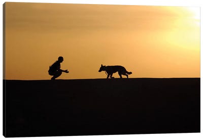 A Military Working Dog And His Handler Spend Time Together Canvas Art Print - Stocktrek Images