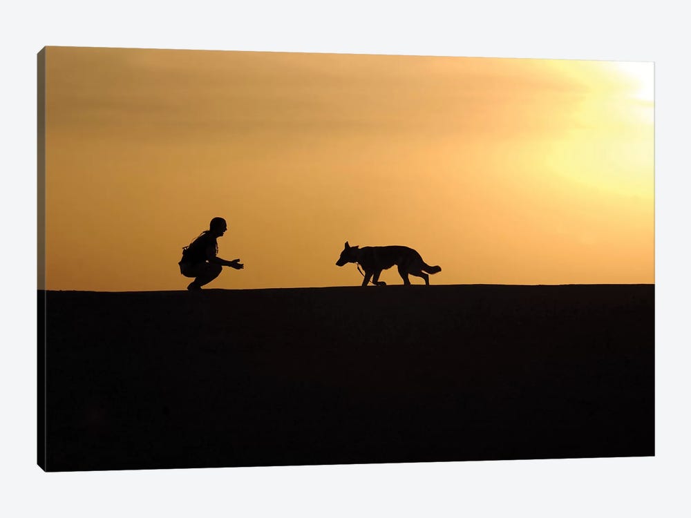 A Military Working Dog And His Handler Spend Time Together by Stocktrek Images 1-piece Canvas Art Print