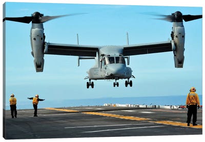 A MV-22 Osprey Aircraft Prepares To Land On The Flight Deck Canvas Art Print - Helicopter Art