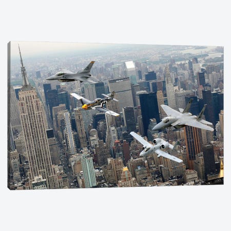 A P-51 Mustang, F-16 Fighting Falcon, F-15 Eagle, And A-10 Thunderbolt II Fly Over New York City Canvas Print #TRK579} by Stocktrek Images Canvas Art Print