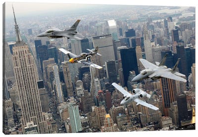 A P-51 Mustang, F-16 Fighting Falcon, F-15 Eagle, And A-10 Thunderbolt II Fly Over New York City Canvas Art Print - Stocktrek Images - Military Collection