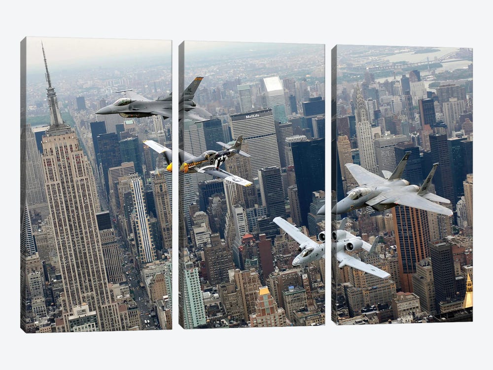 A P-51 Mustang, F-16 Fighting Falcon, F-15 Eagle, And A-10 Thunderbolt II Fly Over New York City by Stocktrek Images 3-piece Art Print