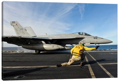 A Shooter Signals To Launch An F/A-18E Super Hornet Aboard USS Nimitz Canvas Art Print - Aircraft Carriers