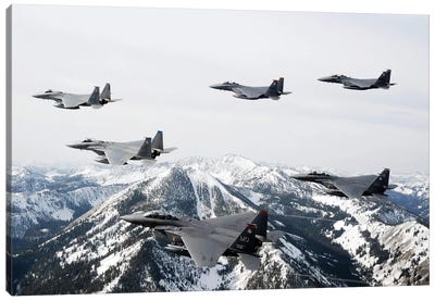 A Six-Ship Formation Of Aircraft Fly Over The Sawtooth Mountains In Idaho Canvas Art Print - Airplane Art