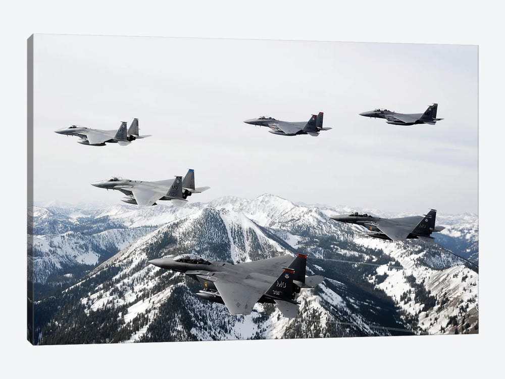 A Six-Ship Formation Of Aircraft Fly Over The Sawtooth Mountains In Idaho by Stocktrek Images 1-piece Canvas Wall Art