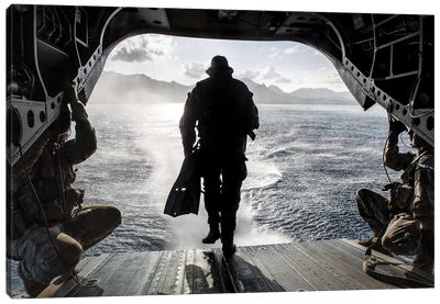 A Soldier Conducts A Combat Dive Mission Off The Back Of A CH-47 Chinook Canvas Art Print