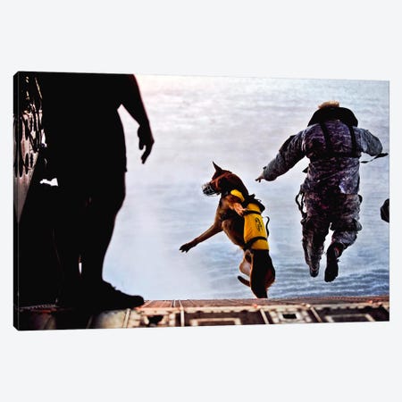 A US Soldier And His Military Working Dog Jump Off The Ramp Of A CH-47 Chinook Canvas Print #TRK642} by Stocktrek Images Canvas Art Print