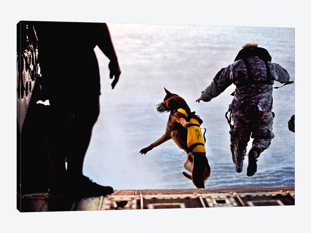 A US Soldier And His Military Working Dog Jump Off The Ramp Of A CH-47 Chinook by Stocktrek Images 1-piece Art Print