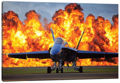 A Wall Of Fire Erupts Behind A US Navy F/A-18 Hornet Aircraft Canvas Art Print - Stocktrek Images - Military Collection