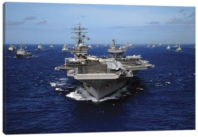 Aircraft Carrier USS Ronald Reagan Leads A Mass Formation Of Ships Through The Pacific Ocean Canvas Art Print - Aircraft Carrier Art