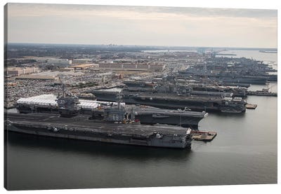 Aircraft Carriers In Port At Naval Station Norfolk, Virginia I Canvas Art Print - Warship Art