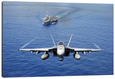 An F/A-18E Super Hornet Flying Above USS John C. Stennis Canvas Art Print - Military Aircraft Art