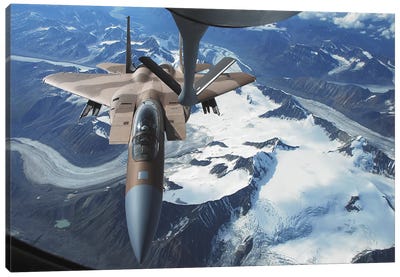 An F-15C Eagle Aircraft Sits Behind A KC-135R Stratotanker Canvas Art Print - Veterans Day
