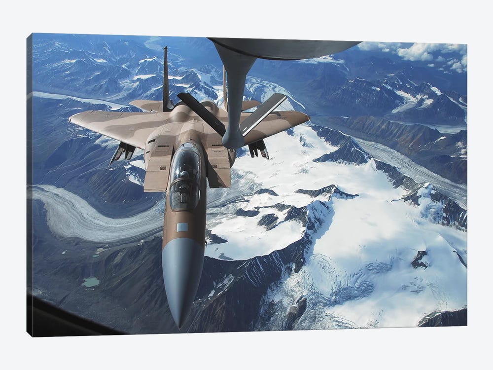 An F-15C Eagle Aircraft Sits Behind A KC-135R Stratotanker by Stocktrek Images 1-piece Canvas Art