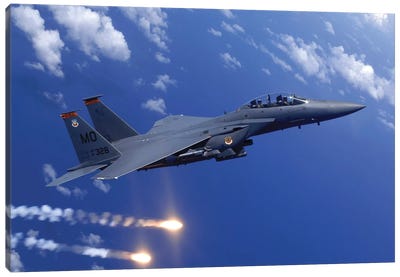 An F-15E Strike Eagle Fires Flares During An Aerial Training Dog Fight Off The Coast Of Guam Canvas Art Print - Guam