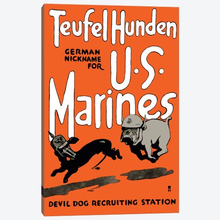 Vintage WWI Poster Of A Marine Corps Bulldog Chasing A German Dachshund Canvas Print #TRK74} by Stocktrek Images Canvas Art