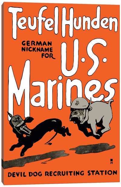 Vintage WWI Poster Of A Marine Corps Bulldog Chasing A German Dachshund Canvas Art Print - Propaganda Posters