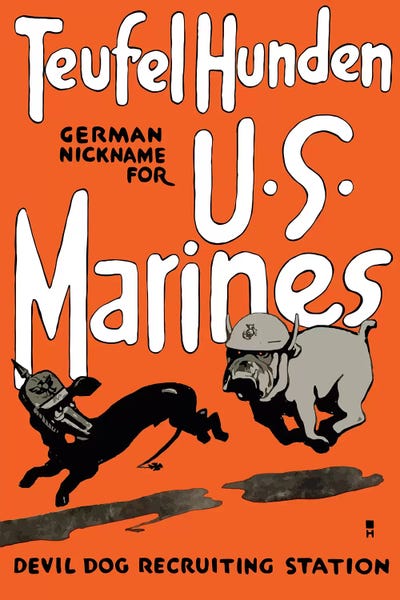 Advertisements: Vintage WWI Poster Of A Marine Corps Bulldog Chasing A German Dachshund by Stocktrek Images