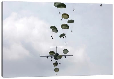 Army Soldiers Jump Out Of A C-17 Globemaster III Canvas Art Print - Airplane Art