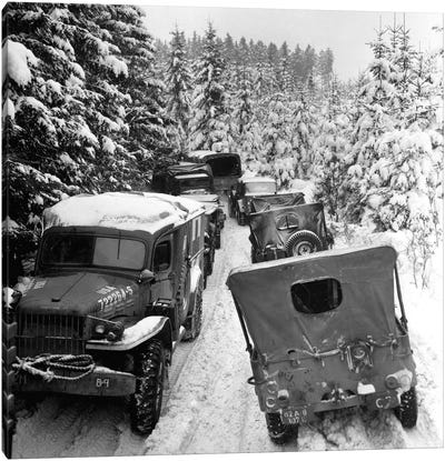 Deep Snow Banks On A Narrow Road Halt Military Vehicles In Belgium Canvas Art Print - Military Vehicles