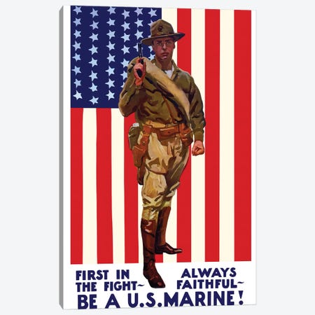 Vintage WWI Poster Of A US Marine Holding His Sidearm Canvas Print #TRK79} by Stocktrek Images Canvas Print