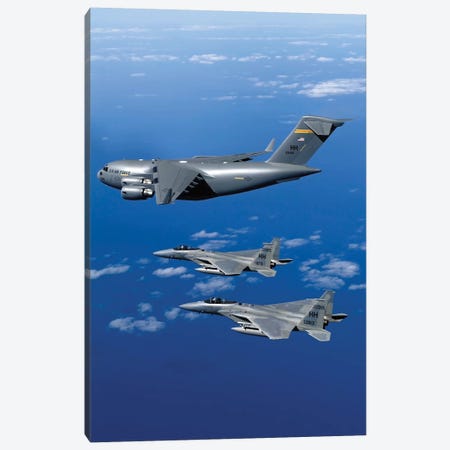F-15B Eagles Escort The First Hawaii-Based C-17 Globemaster III To Its Home I Canvas Print #TRK808} by Stocktrek Images Art Print