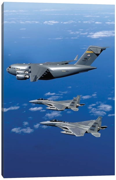 F-15B Eagles Escort The First Hawaii-Based C-17 Globemaster III To Its Home I Canvas Art Print - Military Aircraft Art