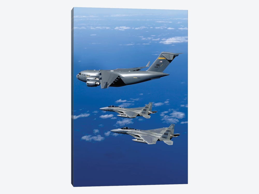F-15B Eagles Escort The First Hawaii-Based C-17 Globemaster III To Its Home I by Stocktrek Images 1-piece Canvas Art