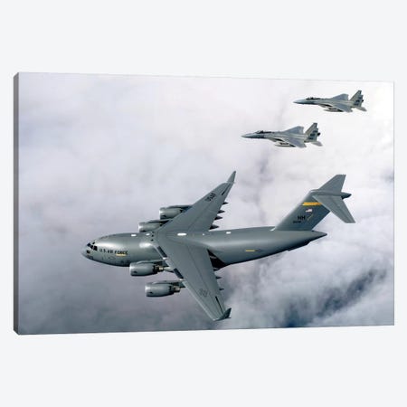 F-15B Eagles Escort The First Hawaii-Based C-17 Globemaster III To Its Home II Canvas Print #TRK809} by Stocktrek Images Canvas Print