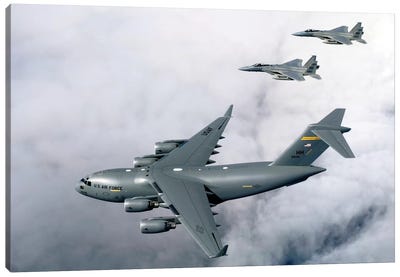 F-15B Eagles Escort The First Hawaii-Based C-17 Globemaster III To Its Home II Canvas Art Print - Stocktrek Images - Military Collection