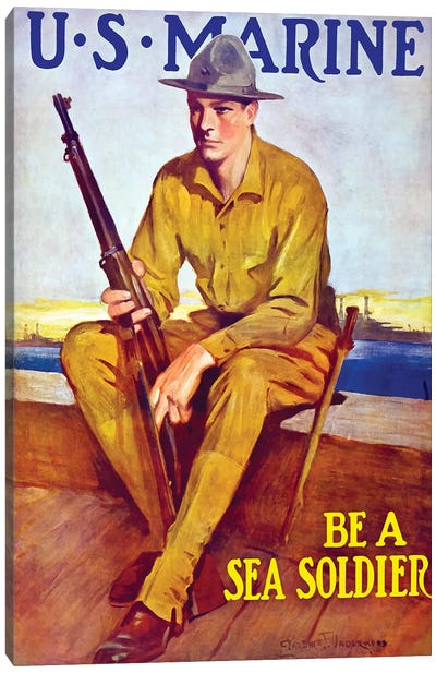 Vintage WWI Poster Of A US Marine Sitting Near The Harbor Canvas Art Print - Marines Art