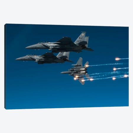 F-15E Strike Eagle Aircraft Releases Flares II Canvas Print #TRK811} by Stocktrek Images Canvas Artwork