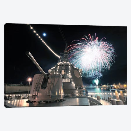 Fireworks Light Up The Sky Behind The Guided Missile Destroyer JS Kirishima Canvas Print #TRK827} by Stocktrek Images Canvas Art