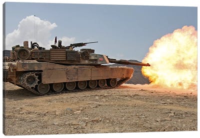 Marines Bombard Through A Live Fire Range Using M1A1 Abrams Tanks I Canvas Art Print - Tank Art