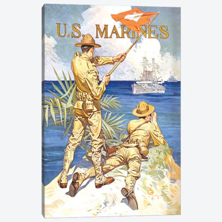Vintage WWI Poster Of Two Marines Signaling A Ship With A Flag Canvas Print #TRK85} by Stocktrek Images Canvas Print
