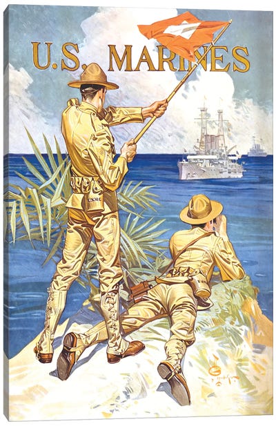 Vintage WWI Poster Of Two Marines Signaling A Ship With A Flag Canvas Art Print - Marines Art