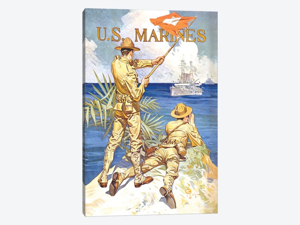 Vintage WWI Poster Of Two Marines Signaling A Ship With A Flag by Stocktrek Images 1-piece Canvas Art