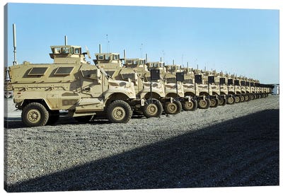 MaxxPro Mine Resistant Ambush Protected Vehicles Sit At Camp Liberty Canvas Art Print - Military Vehicles