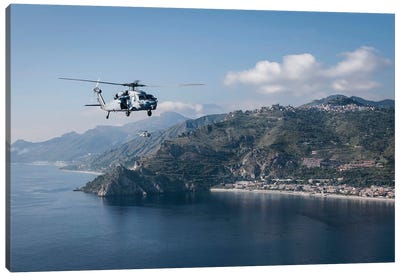 MH-60S Sea Hawk Helicopters Off The Coast Of Naples, Italy Canvas Art Print - Veterans Day