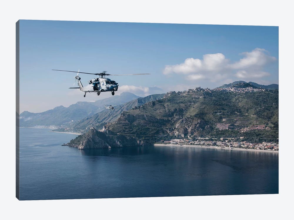 MH-60S Sea Hawk Helicopters Off The Coast Of Naples, Italy by Stocktrek Images 1-piece Canvas Art Print
