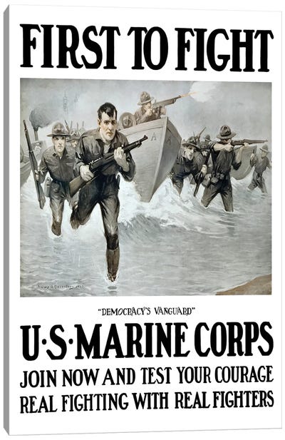 Vintage WWI Poster Of US Marines Storming A Beach, Rifles In Hand Canvas Art Print