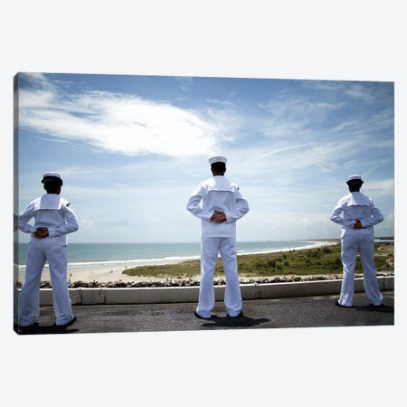 Sailors Man The Rails As The Ship Pulls Into Naval Station Norfolk Canvas Print #TRK887} by Stocktrek Images Canvas Wall Art