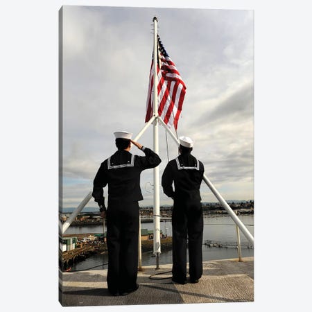 Sailors Raise The National Ensign Aboard USS Abraham Lincoln Canvas Print #TRK891} by Stocktrek Images Canvas Wall Art
