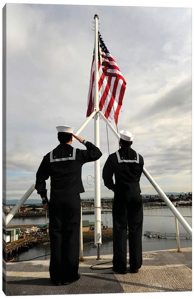 Sailors Raise The National Ensign Aboard USS Abraham Lincoln Canvas Art Print