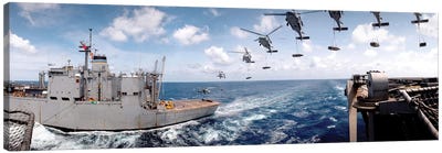 SH-60 Helicopters Transfer Ammunition Between USS Harry S. Truman And USNS Mount Baker Canvas Art Print - Aircraft Carriers