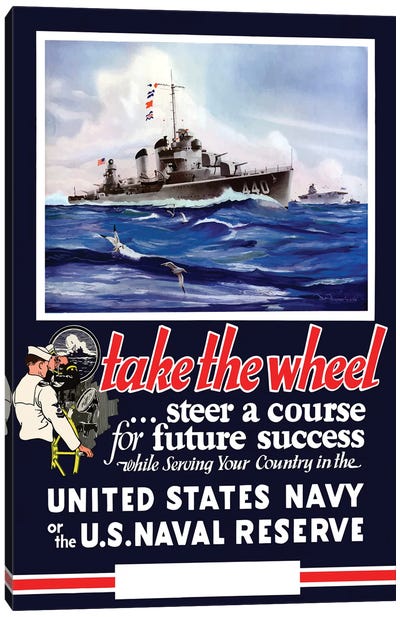 Vintage WWII Navy Poster Of US Warships On The Sea Canvas Art Print