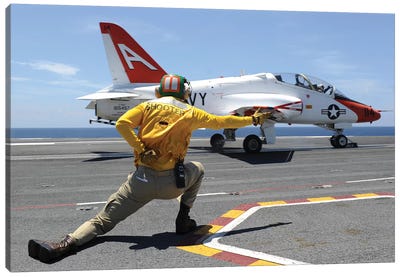 Shooter Signals To A T-45C Goshawk As It Launches From USS George HW Bush Canvas Art Print - Aircraft Carriers