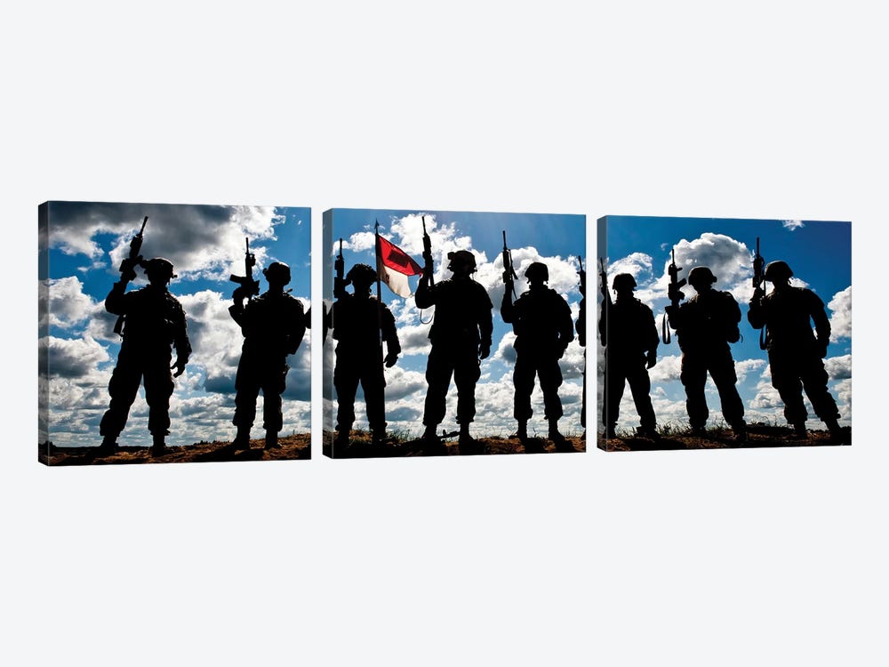 Silhouette Of Soldiers From The US Army National Guard by Stocktrek Images 3-piece Canvas Art