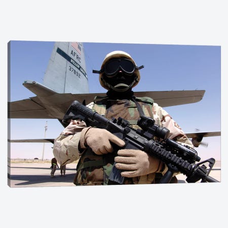 Soldier Guards A C-130 Hercules And Crew Canvas Print #TRK911} by Stocktrek Images Art Print